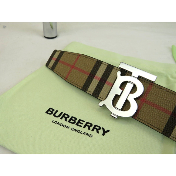 $580 BURBERRY TB 35 BEIGE CHECK BLACK LEATHER REVERSIBLE LOGO BUCKLE BELT 95 38 - Picture 4 of 13